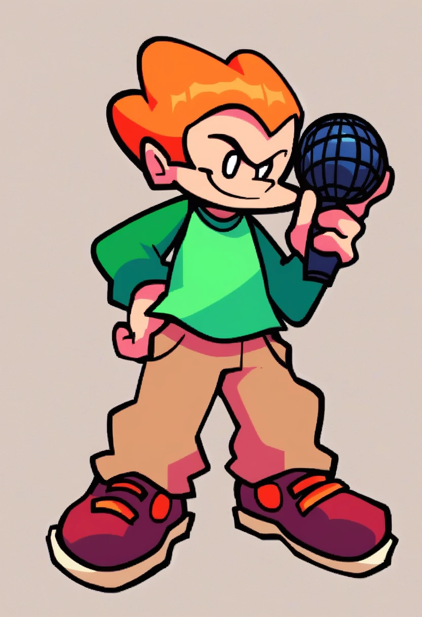 pico, solo, smile, short hair, simple background, shirt, 1boy, holding, standing, full body, weapon, male focus, shoes, pants, holding weapon, orange hair, gun, red footwear, holding gun, microphone, green shirt, holding microphone, brown pants