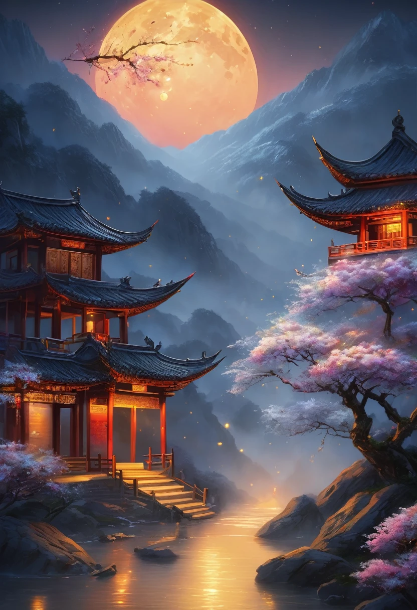 Ancient Chinese landscapes, ((hot spring)), (heavy snowfall), (Firefly), (kite), (midnight), (moon), shrine on top of a mountain, ((flower)), Beautiful landscape, realistic lighting, masterpiece, high quality, beautiful graphics, high detail,