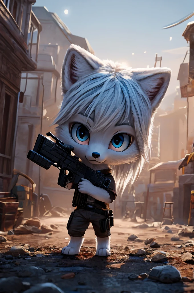a male arctic fox holding a gun, white hair with light blue tips, ground, cute, detailed face, intricate fur texture, realistic lighting, cinematic composition, muted color palette, dramatic shadows, photorealistic, 8k, highly detailed, masterpiece, Chibi