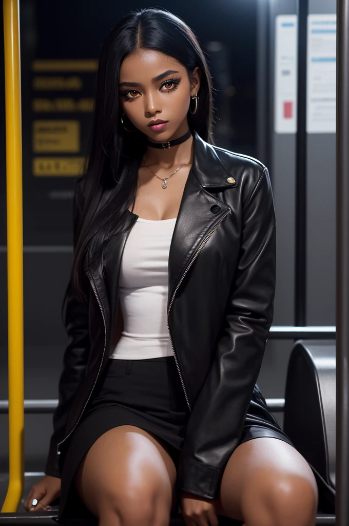 Girl in black sensual outfit with dark skin with yellow eyes with eyeliner and makeup, smoking cigarette at a bus stop at night