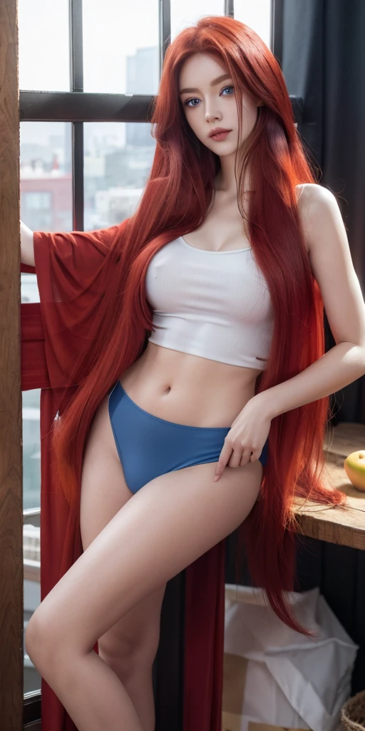 (best quality,8K,highres,masterpiece), ultra-detailed, a young girl with a mischievous face blue-eyed , They have very long hair down to their feet and straight, one is vibrant red and the other has scarlet red hair, made of synthetic fibers, bright blue eyes, a thin waist, wide hips and big. they are in a mango,