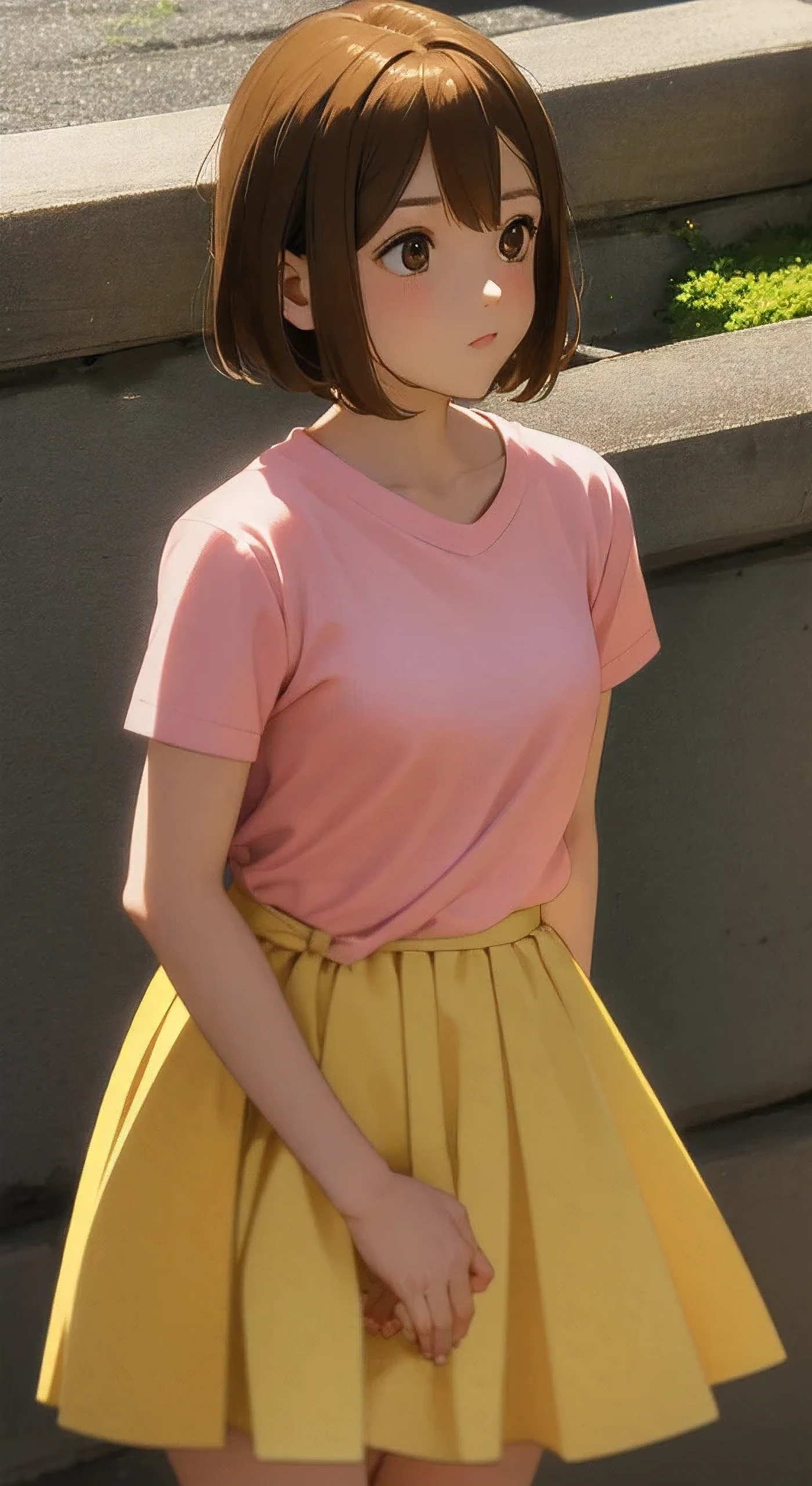 1girl, ​masterpiece, top-quality, top-quality, High Details, Twin-yellow hairpin, brown hair, brown eyes, pink tee, short slevved tee'  yellow skirt, white skirt, short hair, daytime, outdoors, smling, HDR, (((up chest))).