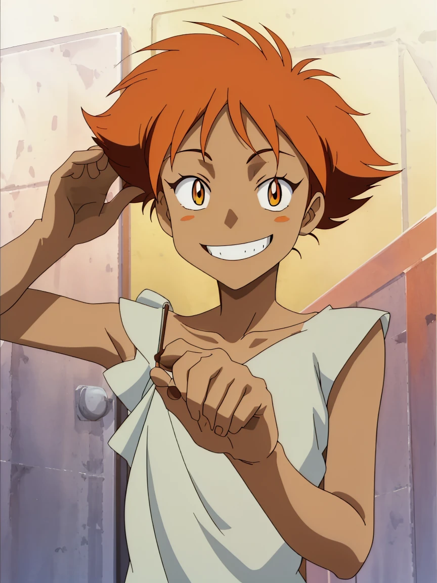 Edward, using a towel, exploded shoulder, bathroom background, whole body, standing, Orange hair,clavicle,tanned skin, Brown eyes, smiling, (incredibly detailed, beautiful detailed face, Masterpiece, Best Quality),