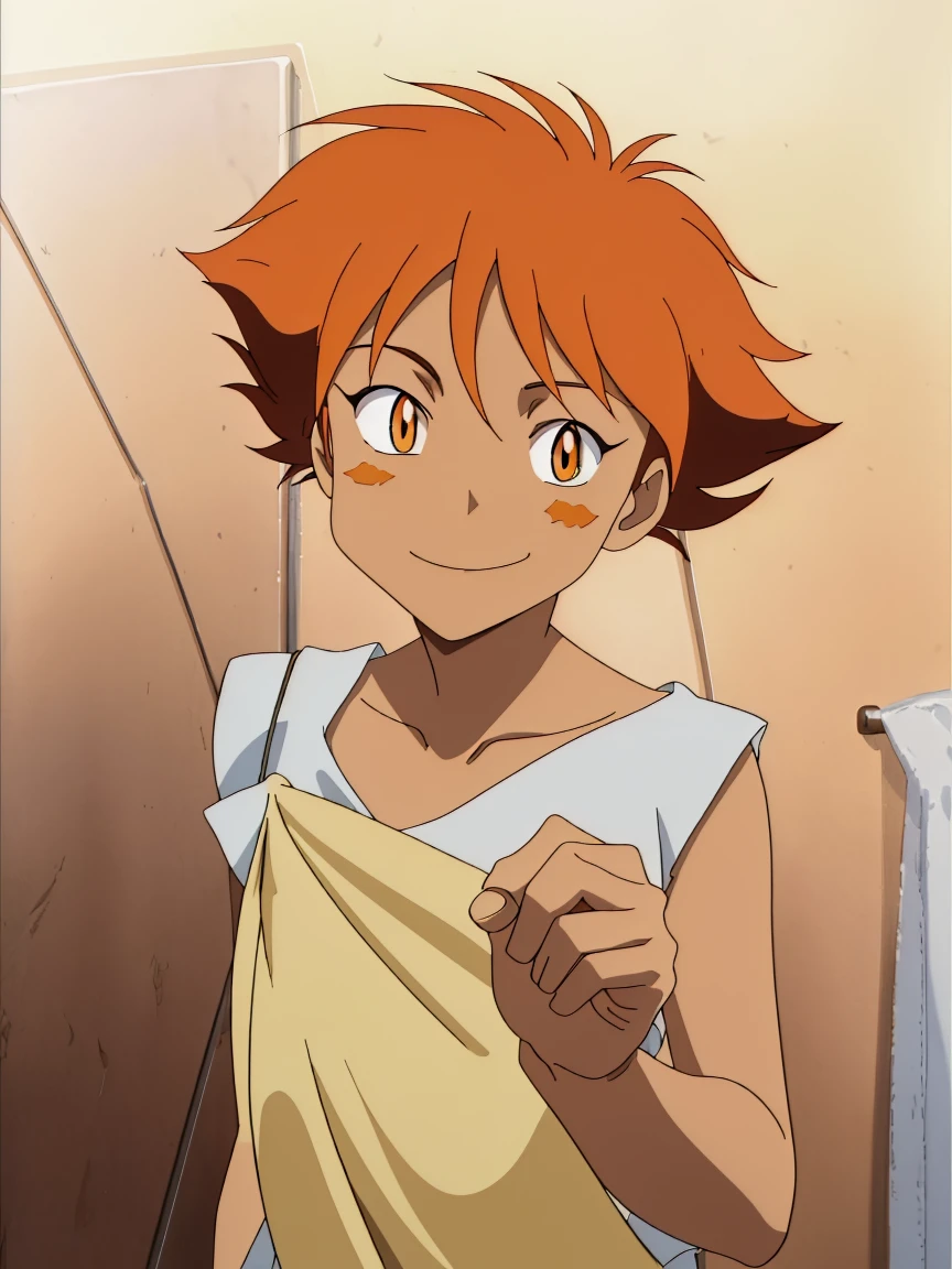 Edward, using a towel, exploded shoulder, bathroom background, whole body, standing, Orange hair,clavicle,tanned skin, Brown eyes, smiling, (incredibly detailed, beautiful detailed face, Masterpiece, Best Quality),