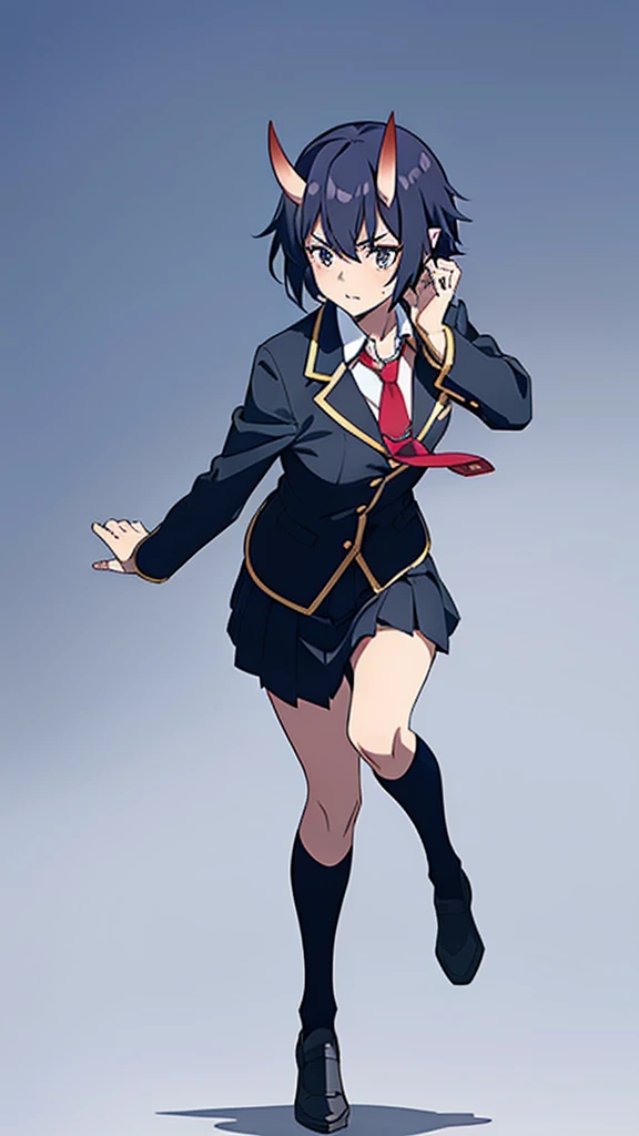 1girl ,20s,mature female,short hair,dark blue hair,oni horns,(simple background),red necktie,black jacket, blazer,long sleeves,pleated skirt,full body,running,scared