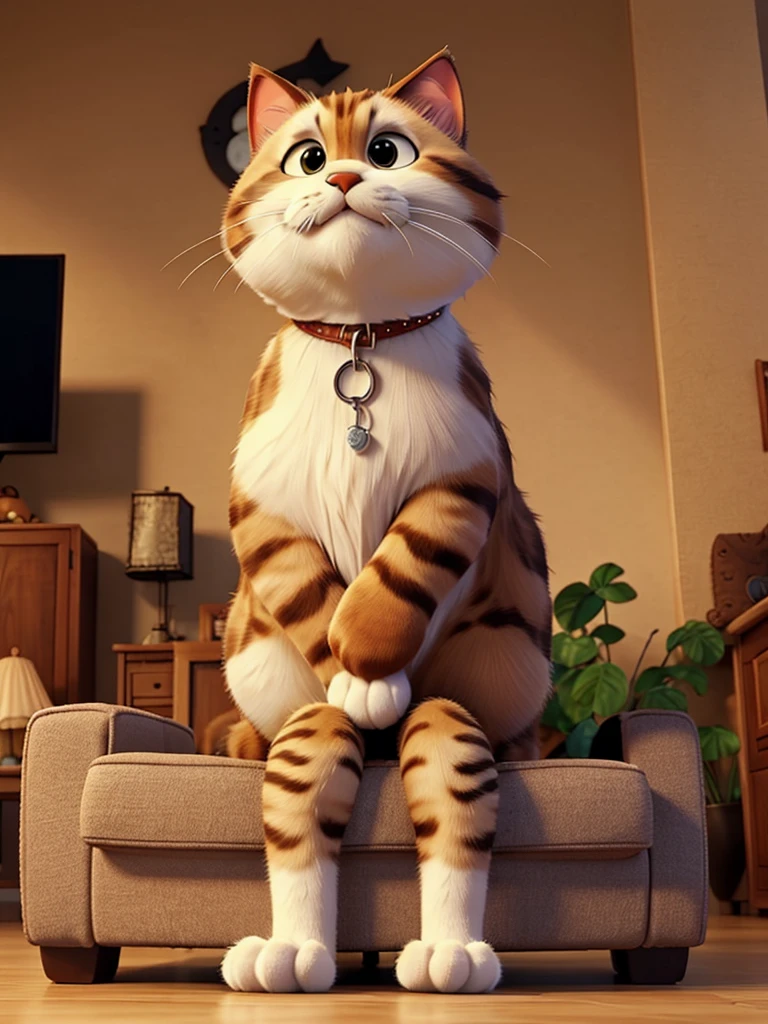 A giant cat, fluffly, sitting not sofa, watching dog cartoons on TV.