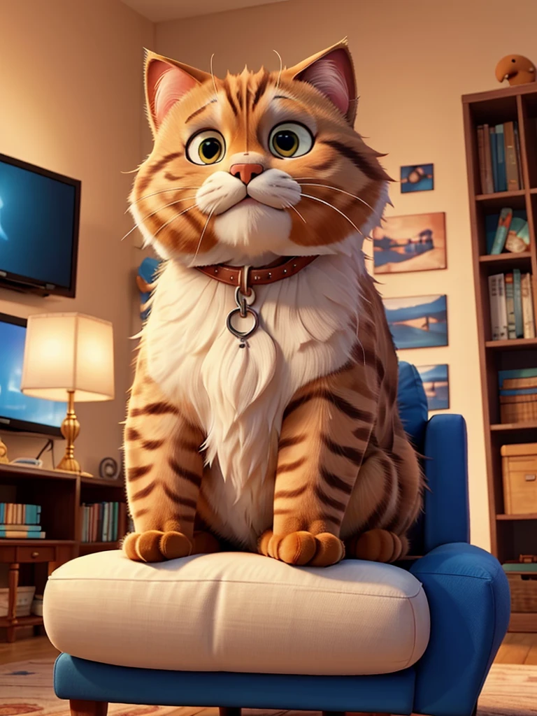 A giant cat, fluffly, sitting not sofa, watching dog cartoons on TV.