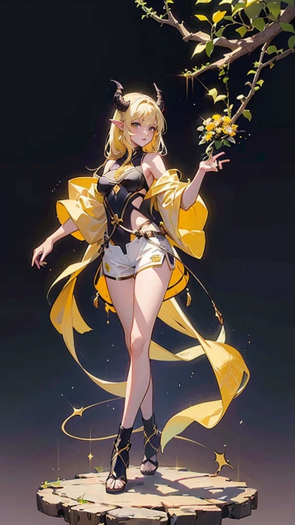 ((masterpiece,Best quality,8 k,A high resolution)),((character concept art)), 1 woman, young adult woman, Yellow medieval summer girl, concept, vines on the hand and horns from the vines, full length, whole body, magic hunter, White shorts, (standing still), (full body showcase), (показать whole body), (no logos on background), (no logo), ((simple background)), ((simple background)), (((empty background)))