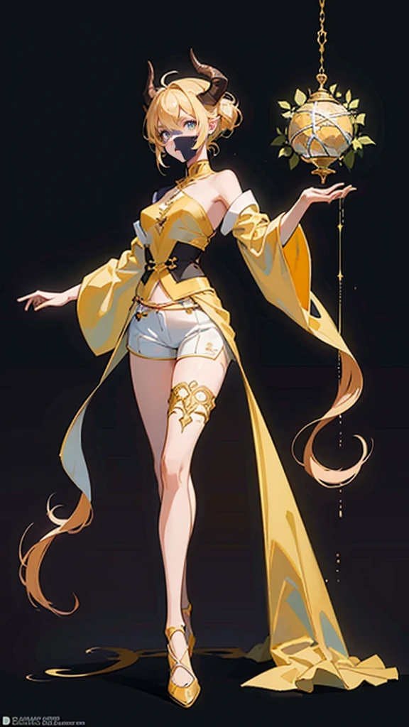 ((masterpiece,Best quality,8 k,A high resolution)),((character concept art)), 1 woman, young adult woman, Yellow medieval summer girl, concept, vines on the hand and horns from the vines, full length, whole body, magic hunter, White shorts, (standing still), (full body showcase), (показать whole body), (no logos on background), (no logo), ((simple background)), ((simple background)), (((empty background)))