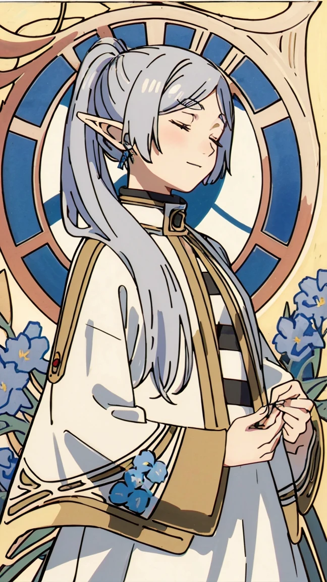 masterpiece, best quality,
Closed eyes, silver hair, solo,bangs, ((art nouveau)), ((blue flowers)), elf, long silver hair, ((ponytails)), ((standing)), wind, gentle smile, white dress, looking down, ((portrait))