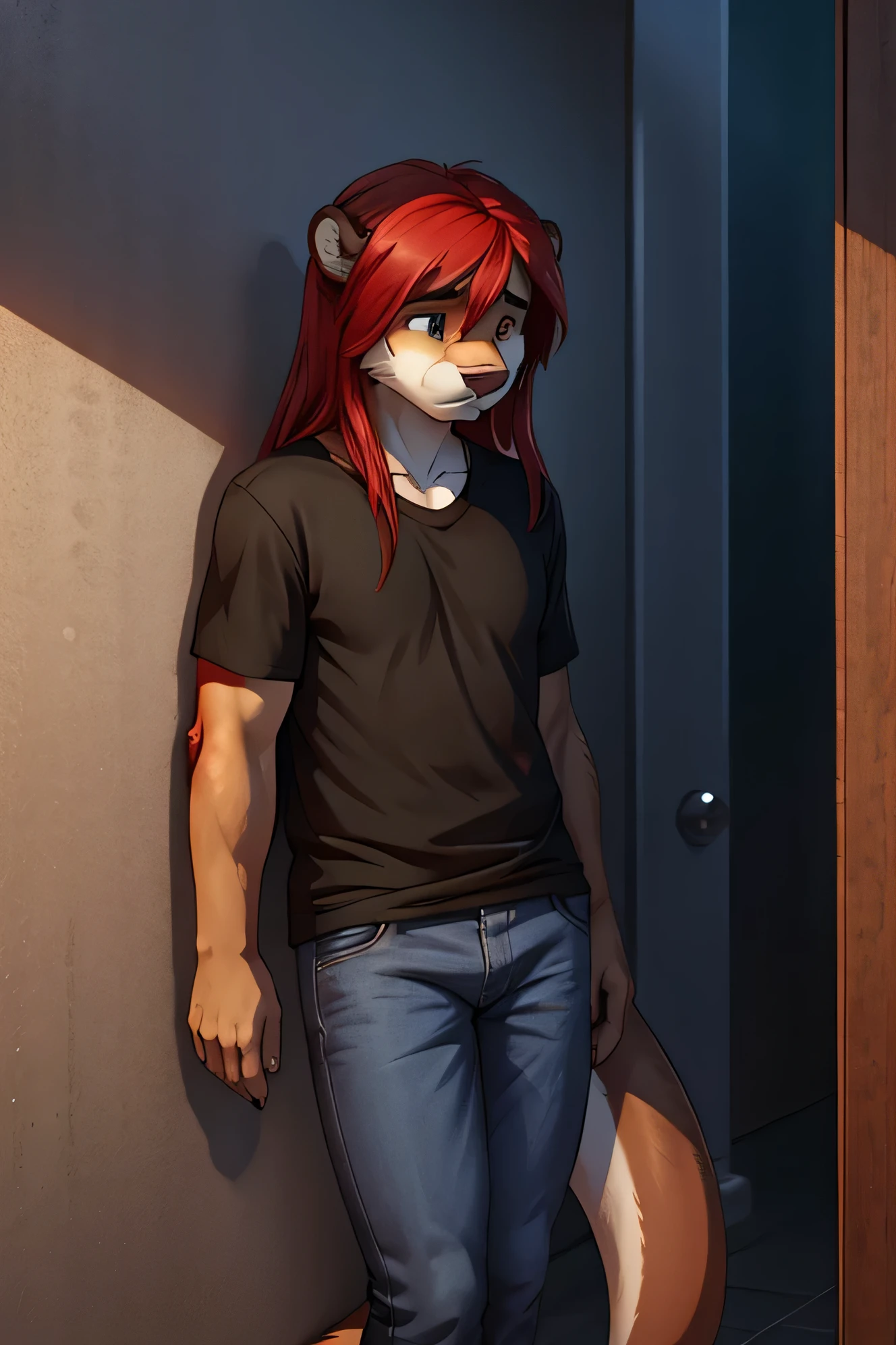 Furry, otter, sad, long red hair, black T-Shirts, Jeans