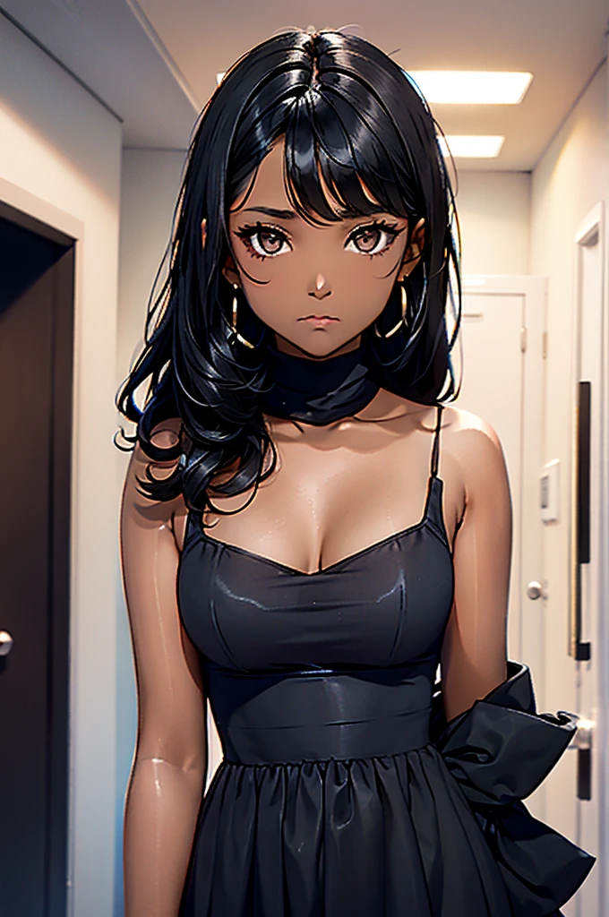 Girl with black hair, brown eyes and dark skin, using a black dress and a black glass on face