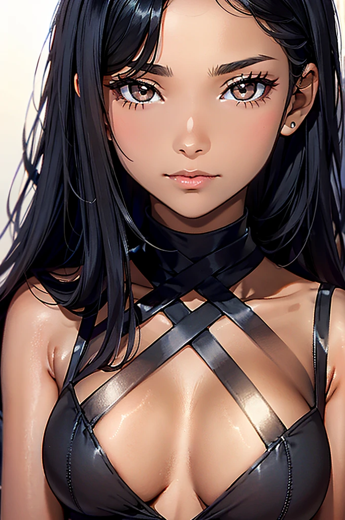 Girl with black hair, brown eyes and dark skin, using a black dress and a black glass on face