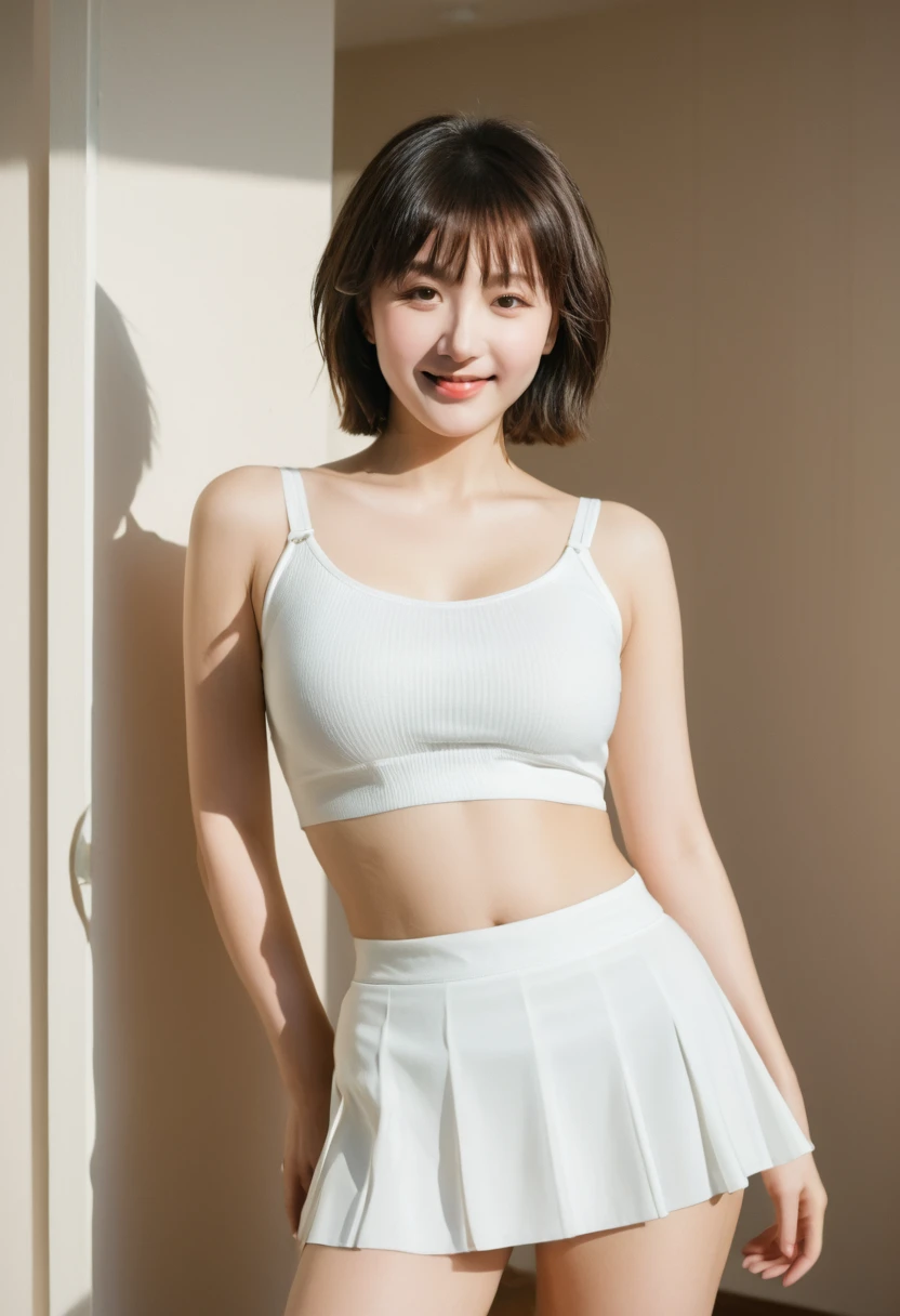 zydG, 1girl, detailed skin, looking at viewer, brown eyes, (short hair with bangs:1.2),big breast, (medium areolae:0.8), (photorealistic:1.4), (best quality:1.0), (ultra highres:1.0), 8k, RAW photo, (masterpiece:0.2), (pureerosface_v1:0.5) skirt lift, white pantie, show pantie, smile,sexy open leggs, show bust