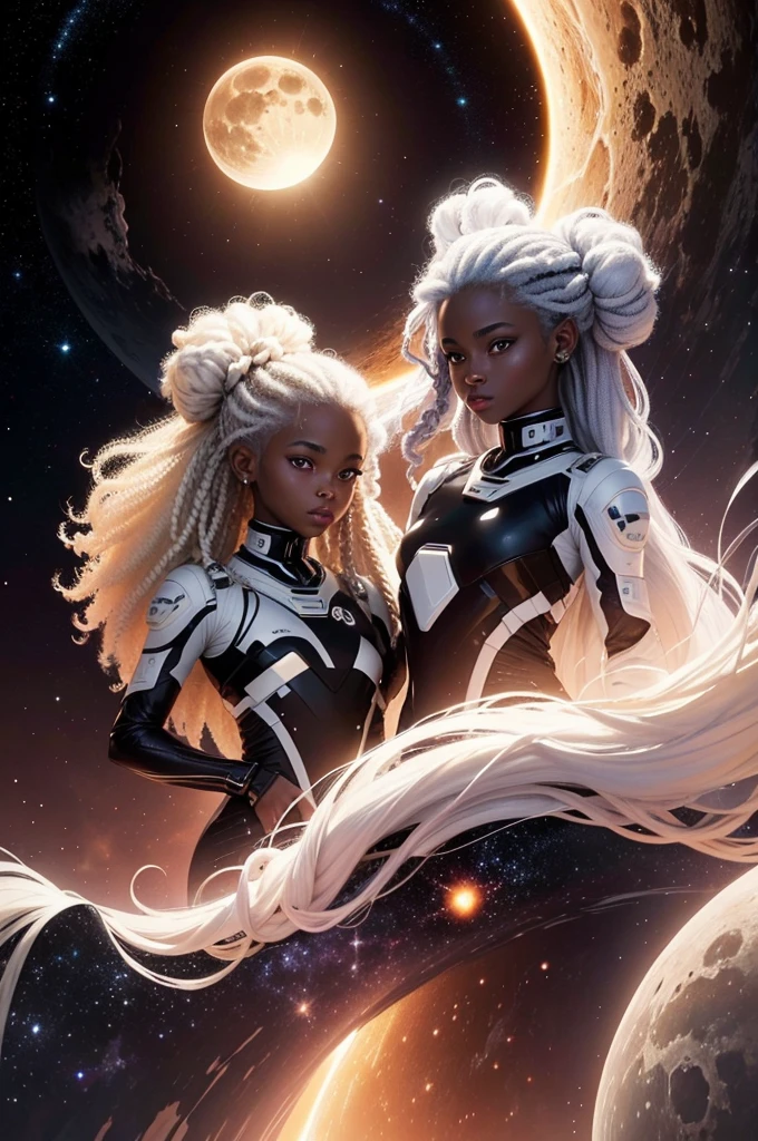 black twin sisters, moon and sun, magie, background of a galaxy, one with blonde hair and the other with white hair, [[dark skin]], afro, darkskin