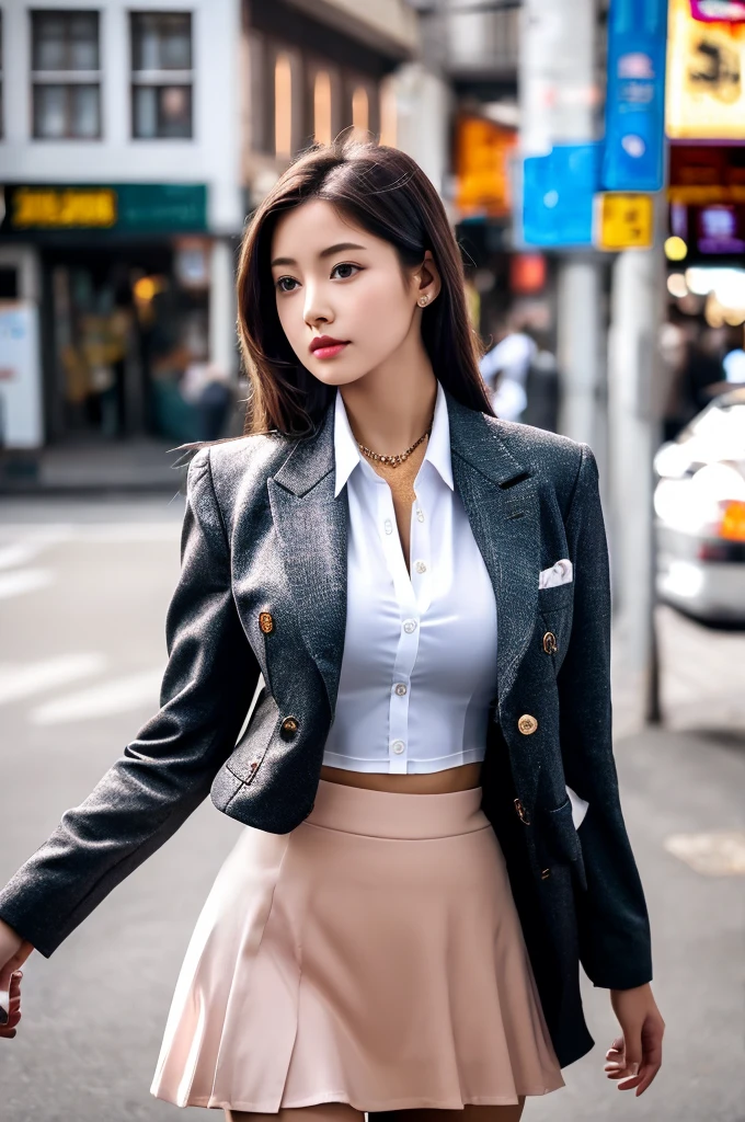 a girl, she is the most beautiful actress in the world, the perfect body proportions of this girl, the blazer is appropriately buttoned up on the formal shirt that she wears, indirect bulge of her clothed large breasts, the panties between her bare legs are seen just 1cm below the short skirt, it's just the front of her body, it's just one description, it from right above her head to right below her shins are within the space, she is standing straight at the street, nsfw, best quality, highly detailed, masterpiece, ultra high res, photo realistic, 8k, RAW photo