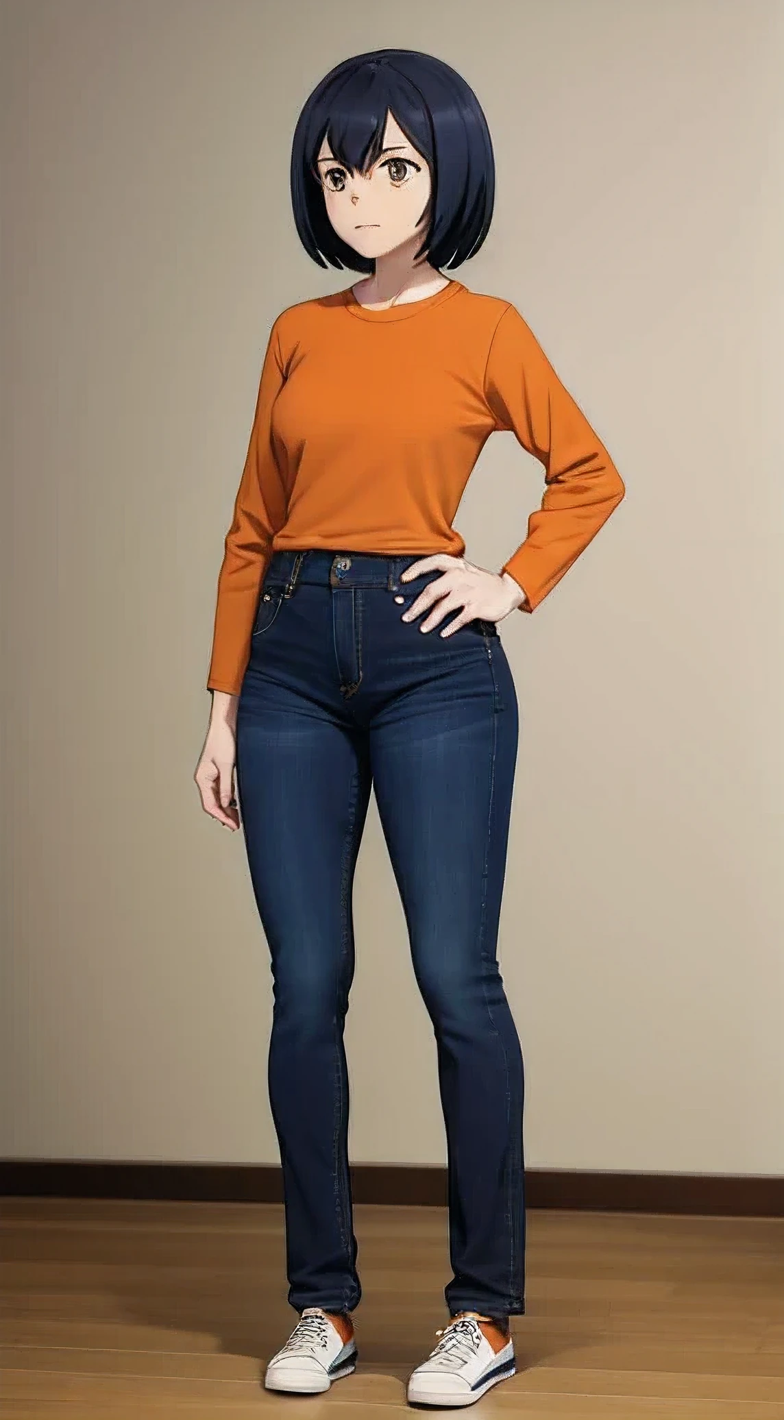 1girl, (masterpiece, best quality), sakurada, orange t shirt, long sleeves, blue pants, bootcut jeans, scoop neck, indoors, room, Hands on hips, belly botton, blue shoes, full body, looking at the vewers,