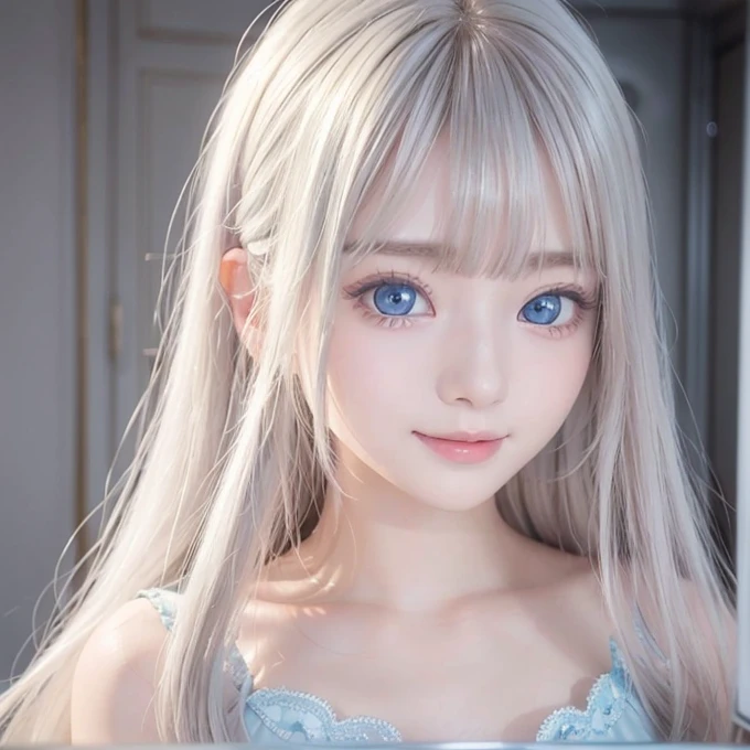 silver shiny hair、Super long straight silky hair、Dazzling blonde super long silky hair、16 years old cute little beautiful face、A beautiful girl、Sparkling blonde dancing in front of a pretty face、Long, silky bangs that cover the space between the eyes、Very beautiful, bright, large, light blue eyes、Very big eyes、Hair that hides the face、Sexy pretty young woman with super long bangs、Very white skin、Cheek gloss highlighter、Small Face Beauty、Round face、Cute Shirts、Ample Bust, embarrassed face、Smiling Face、One piece dress、