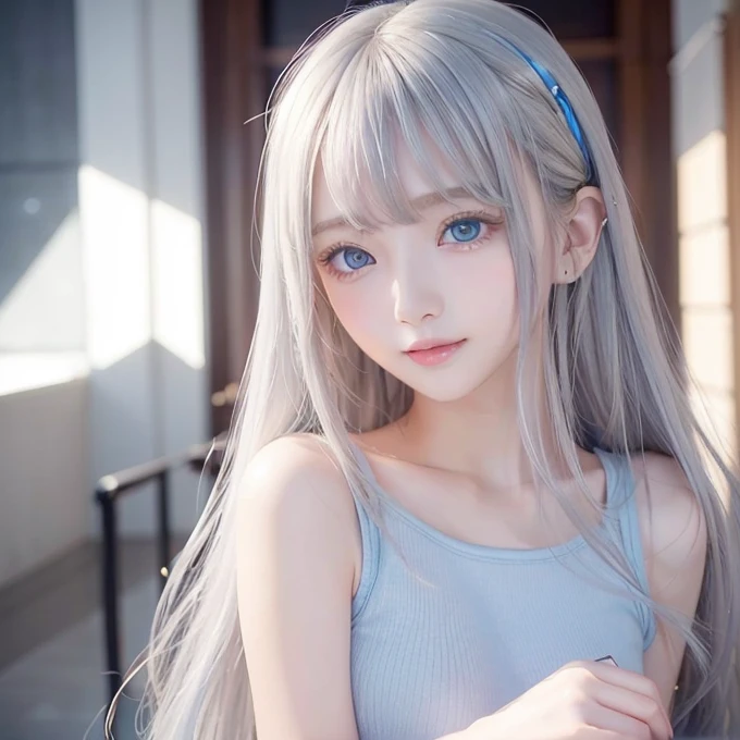 silver shiny hair、Super long straight silky hair、Dazzling blonde super long silky hair、16 years old cute little beautiful face、A beautiful girl、Sparkling blonde dancing in front of a pretty face、Long, silky bangs that cover the space between the eyes、Very beautiful, bright, large, light blue eyes、Very big eyes、Hair that hides the face、Sexy pretty young woman with super long bangs、Very white skin、Cheek gloss highlighter、Small Face Beauty、Round face、Cute Shirts、Ample Bust, embarrassed face、Smiling Face、One piece dress、