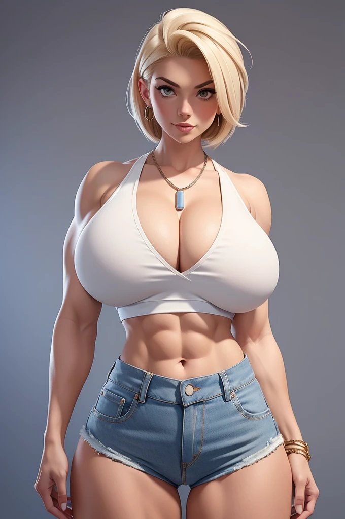 ((((muscular)))) woman in a white crop top and cropped low-rise denim shorts, necklaces, posing for a picture, ((((huge breasts)))), skinny waist and hips, tight outfit