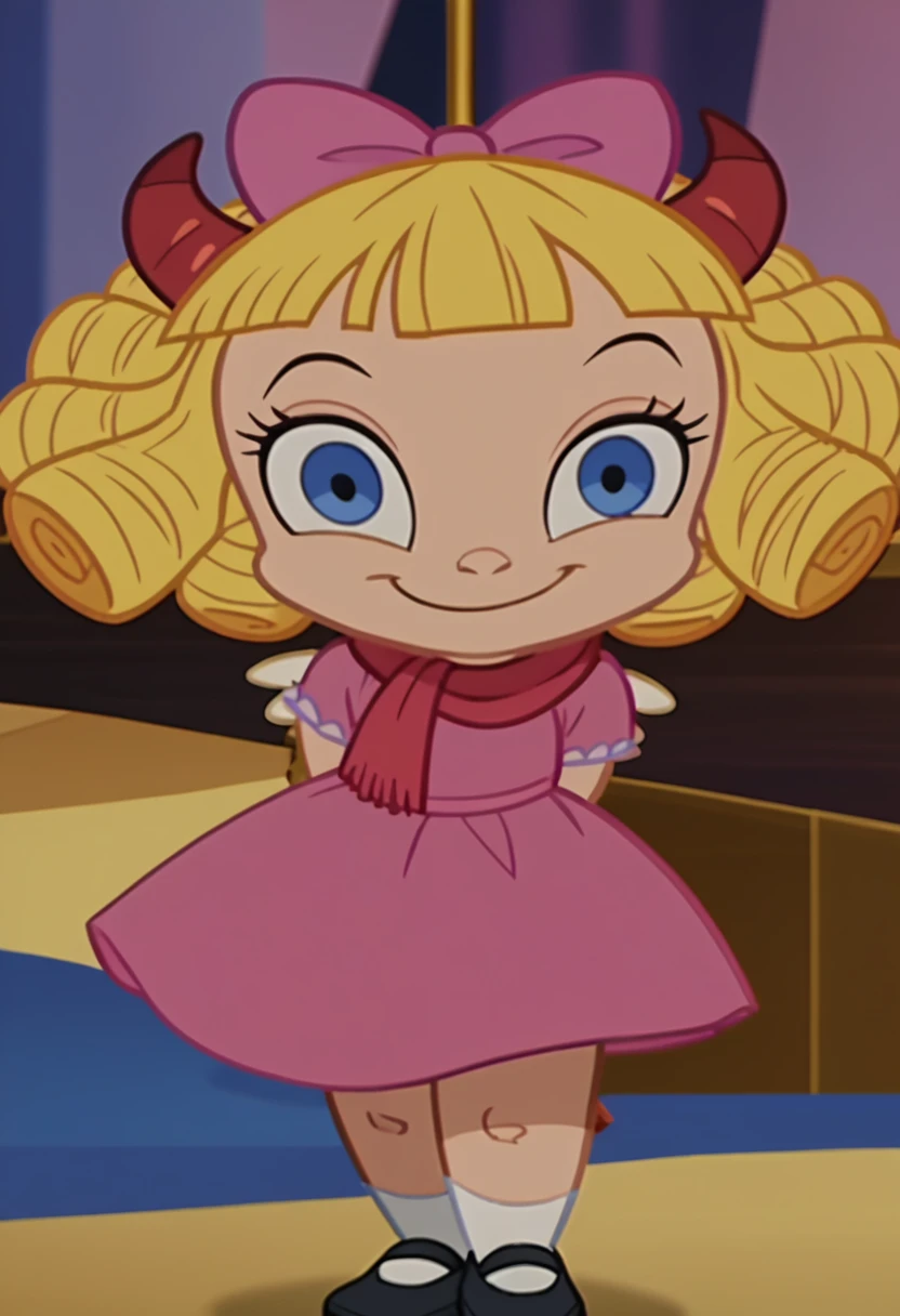 score_9, score_8_up, score_7_up BREAK DarlaD, 1girl, blonde hair, blonde ringlets, blunt bangs, blue eyes, pink bow, red devil horns, pink dress, red scarf, white socks, socks, black shoes, angel wings, hands behind back, closed mouth, smirking, looking at viewer, adorable, devilish, screenshot, official art, parody, cartoon footage, official design, screencap, on_model, on model, cartoon screenshot, official screenshot, 2d, cartoon, source_cartoon, on-model,