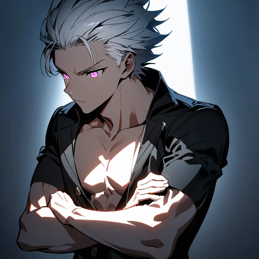 young man, short white hair combed back, pink eyes, Cat's ear, black overcoat , slightly muscular body, detailed lighting, crossed arms, well-lit, White background