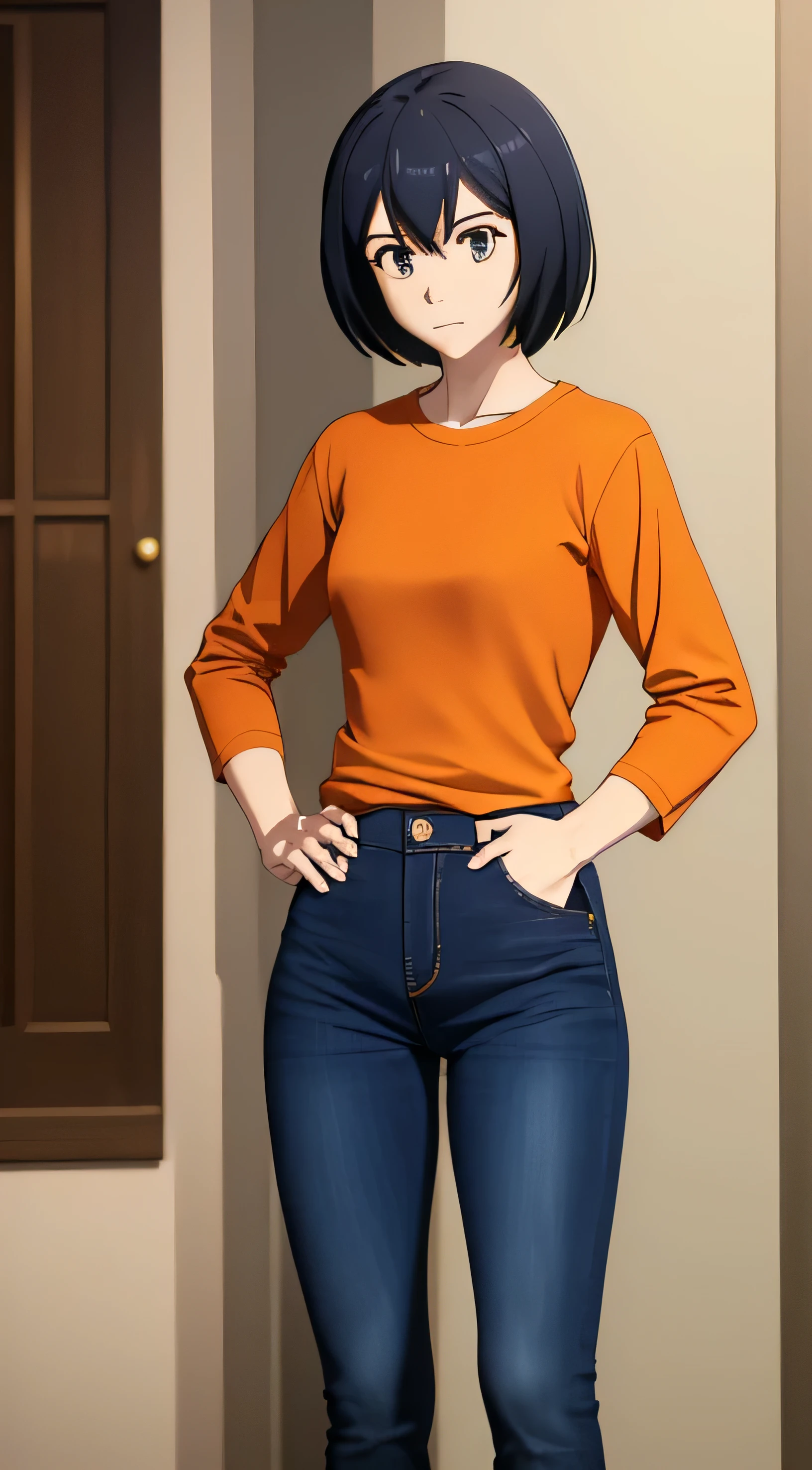 1girl, (masterpiece, best quality), sakurada, orange t shirt, long sleeves, blue pants, bootcut jeans, scoop neck, indoors, room, Hands on hips, belly botton, blue shoes, full body, looking at the vewers,