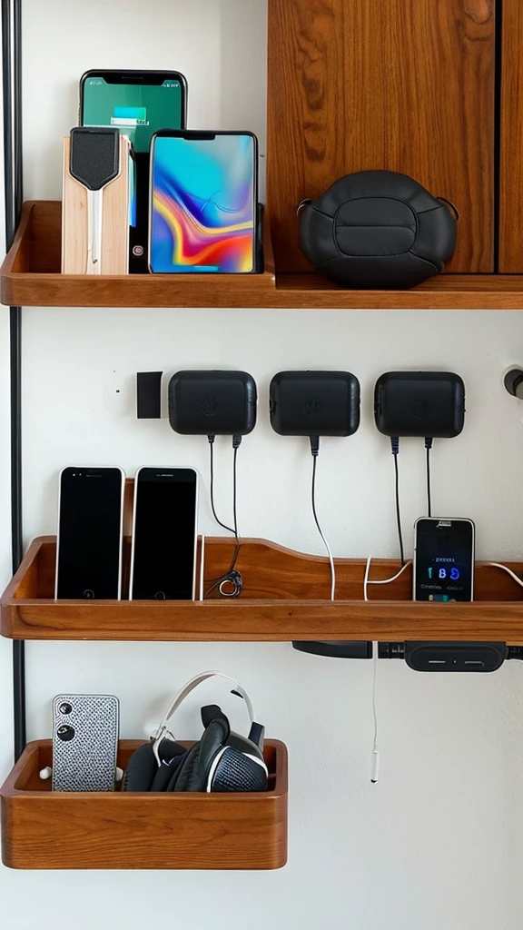 Create a picture of a shelf with cell phones headphones, new chargers and other electronics for sale 