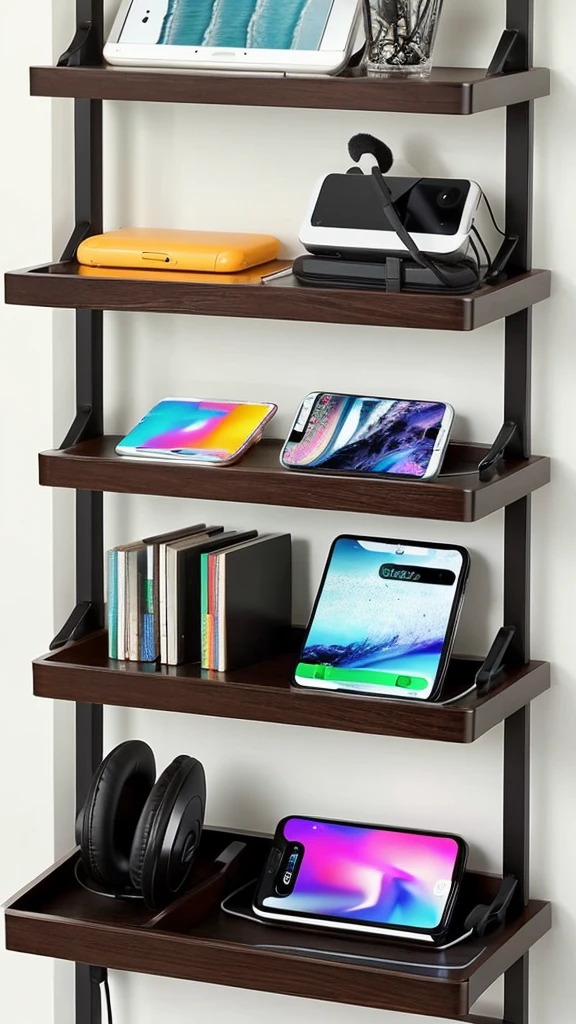 Create a picture of a shelf with cell phones headphones, new chargers and other electronics for sale