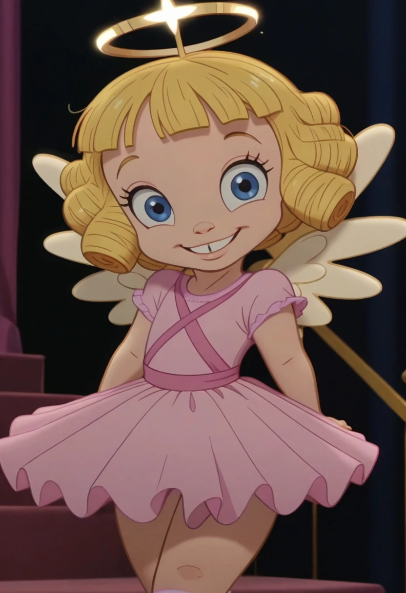 score_9, score_8_up, score_7_up BREAK DarlaD, 1girl, blonde hair, blonde ringlets, blunt bangs, blue eyes, pink bow, pink leotard, pink tutu, angel halo, angel wings, light pink socks, socks, pink shoes, smiling at viewer, screenshot, official art, parody, cartoon footage, official design, screencap,  on_model, on model, cartoon screenshot, official screenshot, 2d, cartoon, source_cartoon, on-model,