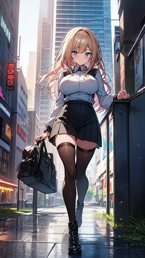 absurd, 8K, high resolution, Ultra-detailliert, beautiful, Meisterwerk, best quality, very pretty woman, Jung, blondes Haar, (Immobilienmakler1.6), schwarzer Rock, Netzstrumpfhosen, rosa BH, White blouse, (very huge breasts:1.4), hair above one eye, stehend mit angewinkelten Beinen, detailliertes Frauengesicht, Sehr attraktiv,