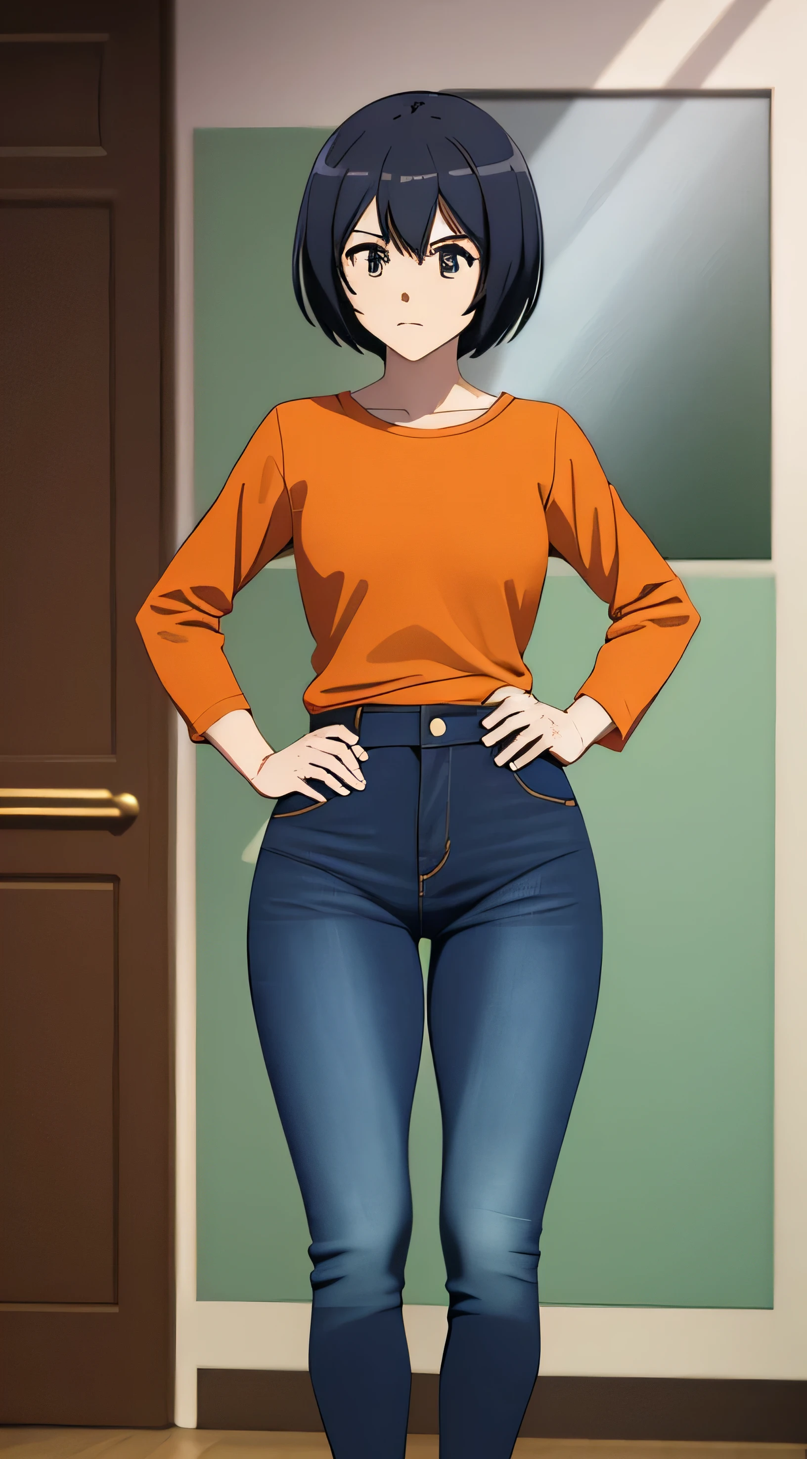 1girl, (masterpiece, best quality), sakurada, orange t shirt, long sleeves, blue pants, bootcut jeans, scoop neck, indoors, room, Hands on hips, belly botton, blue shoes, full body, looking at the vewers,