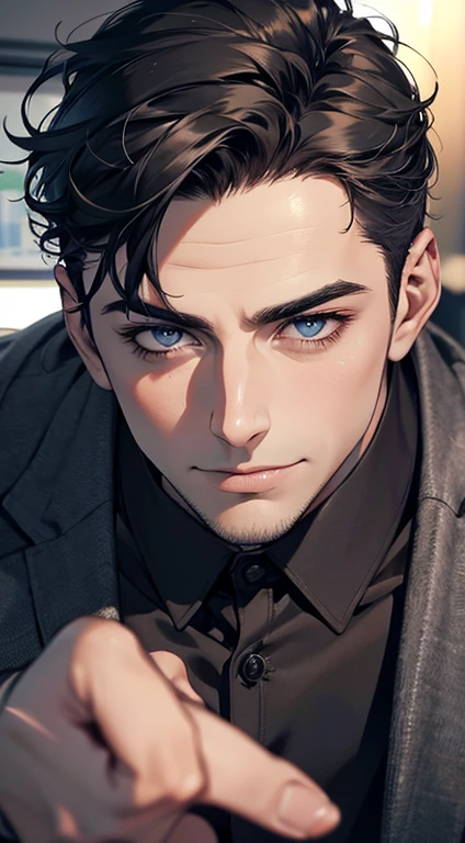 (best quality,4k,8k,highres,masterpiece:1.2),ultra-detailed,(realistic,photorealistic,photo-realistic:1.37),1 man,31 years old,mature man,very handsome,without expression,smile,short grey black hair,blue eyes,penetrating gaze,perfect face without errors,imposing posture,businessman,office background,cinematic lighting,hdr image