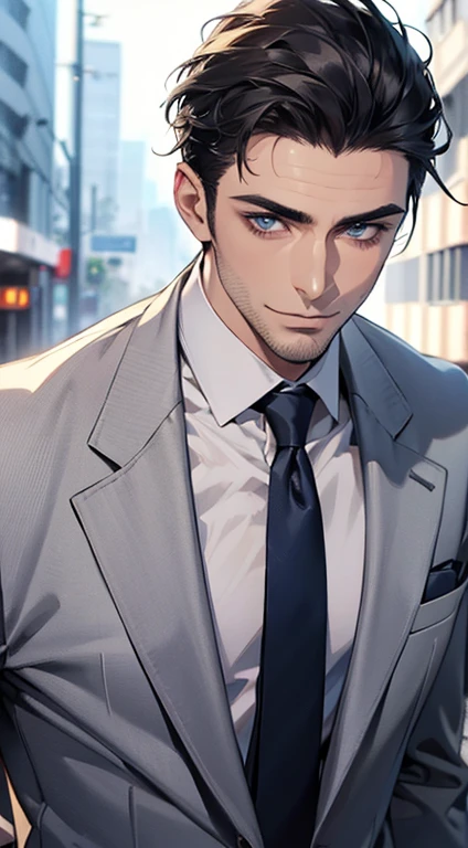 (best quality,4k,8k,highres,masterpiece:1.2),ultra-detailed,(realistic,photorealistic,photo-realistic:1.37),1 man,31 years old,mature man,very handsome,without expression,smile,short grey black hair,blue eyes,penetrating gaze,perfect face without errors,imposing posture,businessman,office background,cinematic lighting,hdr image