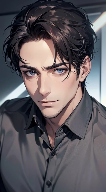 (best quality,4k,8k,highres,masterpiece:1.2),ultra-detailed,(realistic,photorealistic,photo-realistic:1.37),1 man,31 years old,mature man,very handsome,without expression,smile,short grey black hair,blue eyes,penetrating gaze,perfect face without errors,imposing posture,businessman,office background,cinematic lighting,hdr image