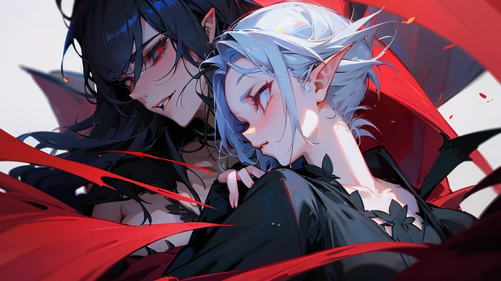 Stunning dark fantasy intricately detailed masterpiece in 32k, UHD, scene contains a 25 year old anime manga male vampire with pale skin, piercings, visibly tattooed with floral designs, fangs, in an intimatepose with long black hair grey eyes freckled skin, intimatelykissing a 25-year-old male on his back, giving an impression of a dark fantasy atmosphere, Dark fantasy romantic semirealistic manga comic style. Volumetric and dynamic lighting. Hyperdetailed photorealistic hyperrealistic