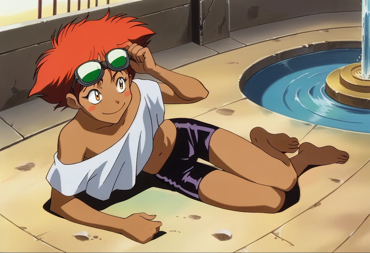 score_8_above, score_7_above, fountain_cheered up, Edward, 1 girl, retro artistic style, Red hair, orange eyes, blush stickers,diaphragm,White shirt,off the shoulder,clavicle,tanned skin, black cycling shorts, glasses on head, desert, junkyard, (incredibly detailed, beautiful detailed face, Masterpiece, Best Quality), flat chest, big smile, lying on side, barefoot