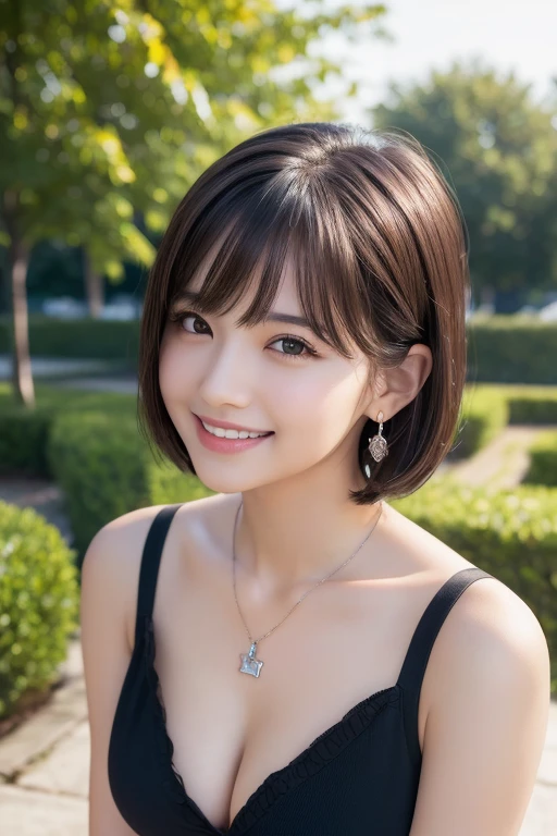 girl, White skin, ((Dark brown short tiered hair)), V cut with layers and bangs, Brown eyes, Soft atmosphere characteristics (Highest quality, Ultra-high resolution, 8K, RAW Photos, Ultra-high resolution: 1.2, masterpiece: 1.3), (Realistic, Realistic: 1.37), Very detailed, Professional Lighting, Photon Mapping, Radio City, 物理ベースレンダring, One Girl, (high school girl), Sharp focus:1.2、Beautiful woman:1.4,cute, Nice, 愛らしいsmile, Normal chest, Cross Necklace、Earrings、ring,(Cleavage)、Selfie,((Dark brown short hair),(garden, dog, Casual clothing, smile, Gentle expression)