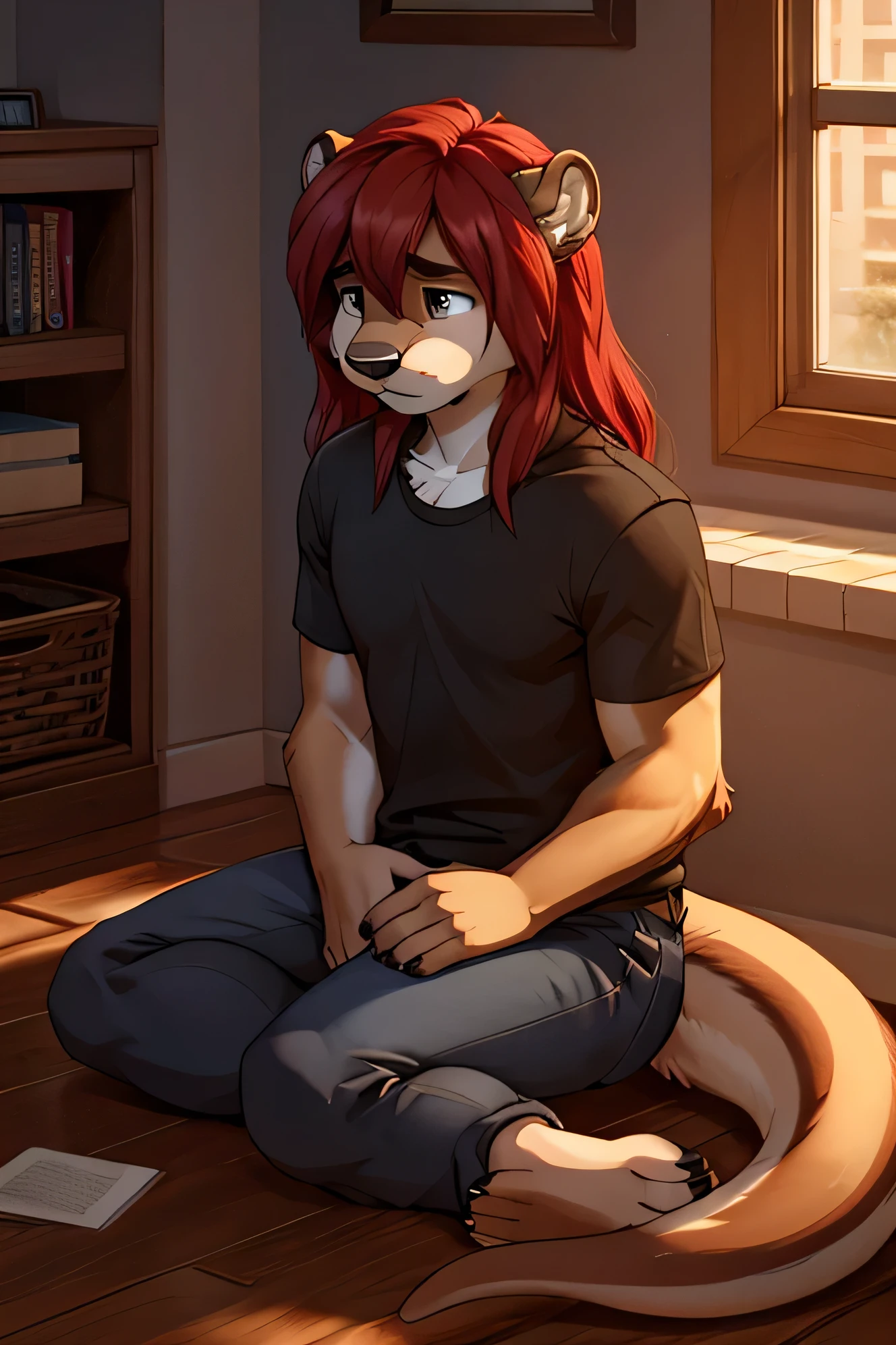 Furry, otter, sad, long red hair, black T-Shirts, Jeans, high detailed eye, tear