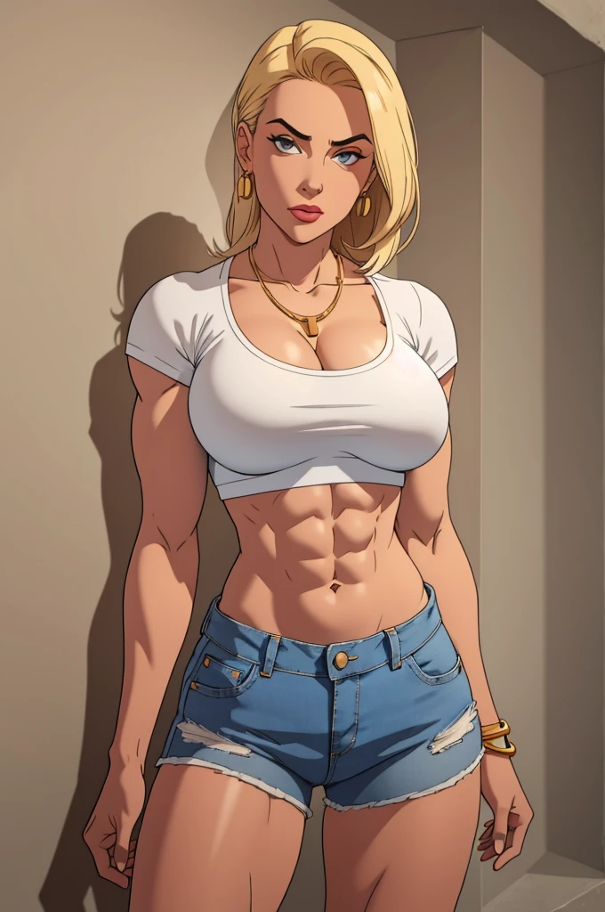 ((((muscular)))) woman in a white crop top and cropped low-rise denim shorts, necklaces, posing for a picture, ((((huge breasts)))), skinny waist and hips, tight outfit