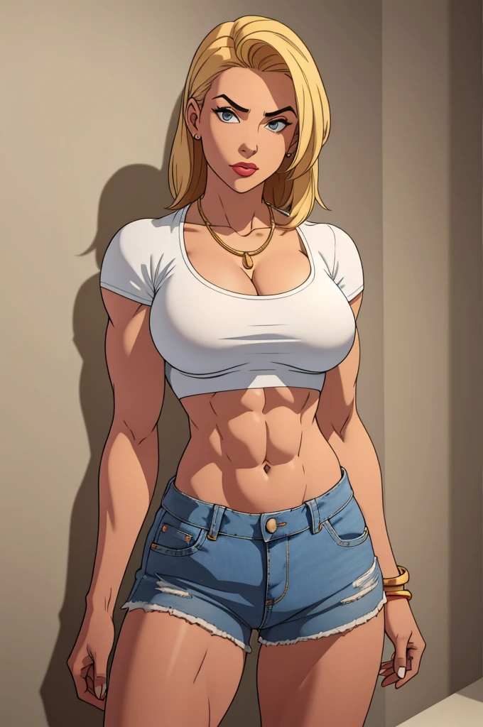 ((((muscular)))) woman in a white crop top and cropped low-rise denim shorts, necklaces, posing for a picture, ((((huge breasts)))), skinny waist and hips, tight outfit