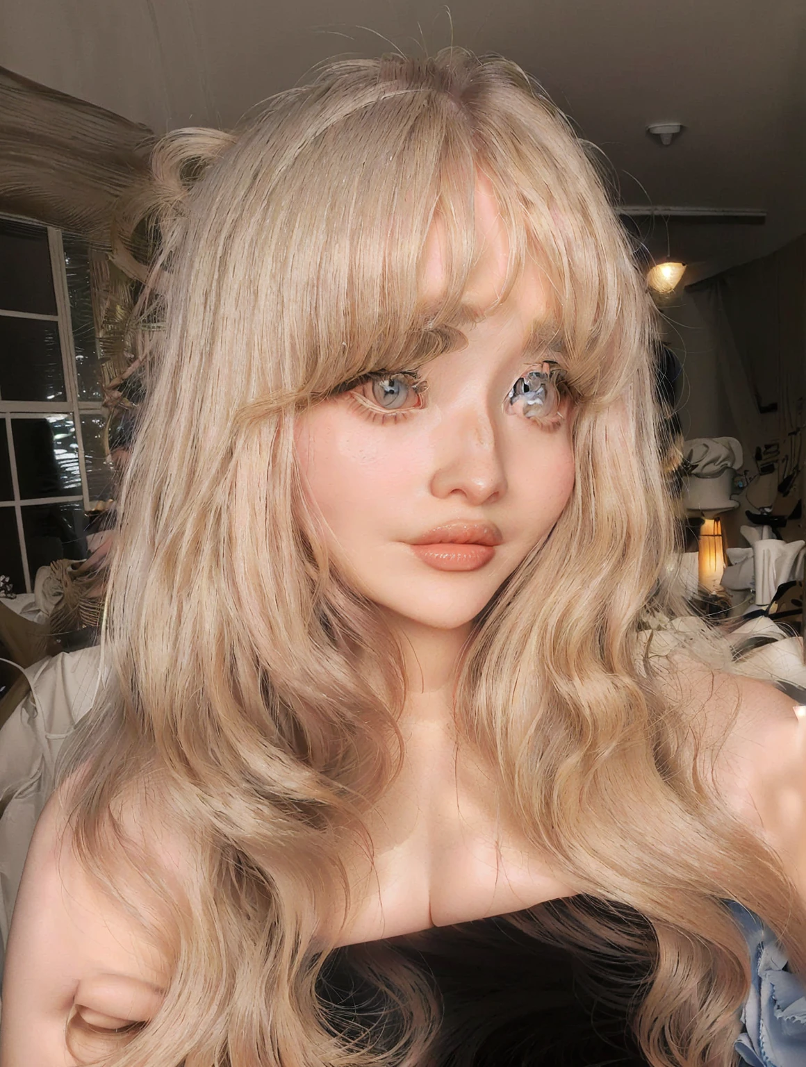 blond woman with long hair and blue eyes posing for a picture, with bangs, portrait of kim petras, long blonde hair and large eyes, blonde hair and large eyes, with full bangs, long hair with bangs, fluffy bangs, curtain bangs, long hair with full bangs, long blonde hair and big eyes, center parted bangs, neat hair with bangs