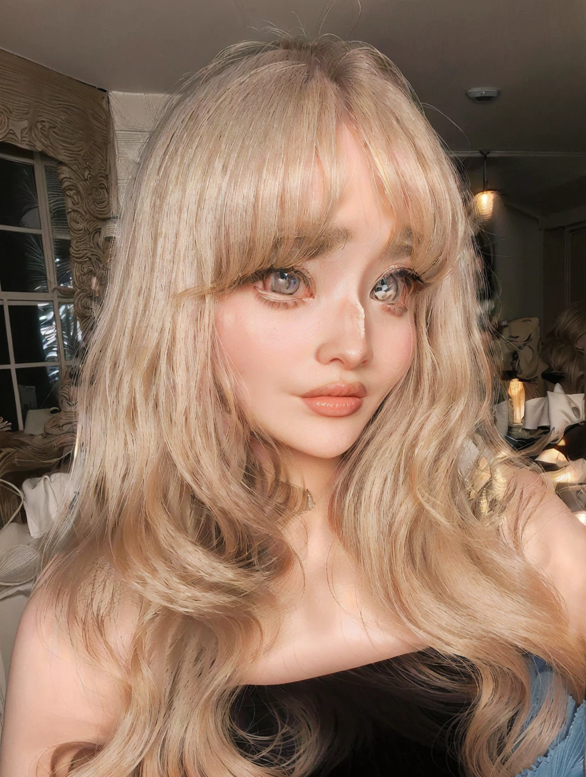 blond woman with long hair and blue eyes posing for a picture, with bangs, portrait of kim petras, long blonde hair and large eyes, blonde hair and large eyes, with full bangs, long hair with bangs, fluffy bangs, curtain bangs, long hair with full bangs, long blonde hair and big eyes, center parted bangs, neat hair with bangs