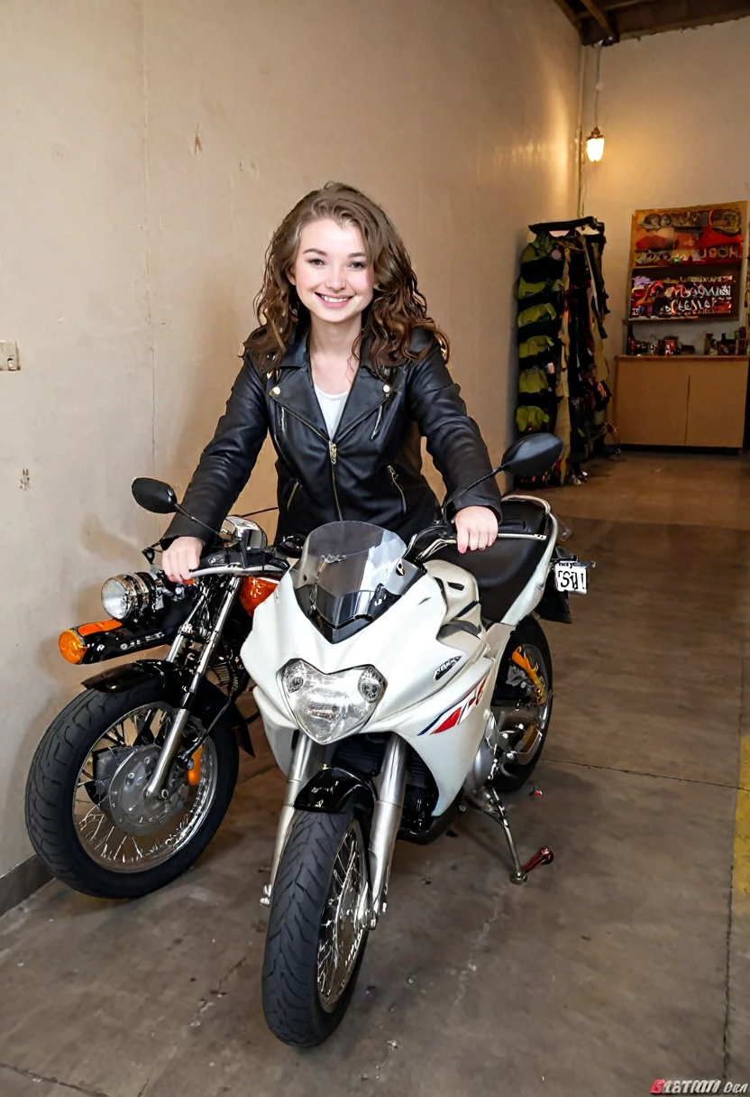 Create a young woman of 26 years old with straight wavy hair and white skin fixing a classic motorcycle smiling with a height of 1,60 metro 