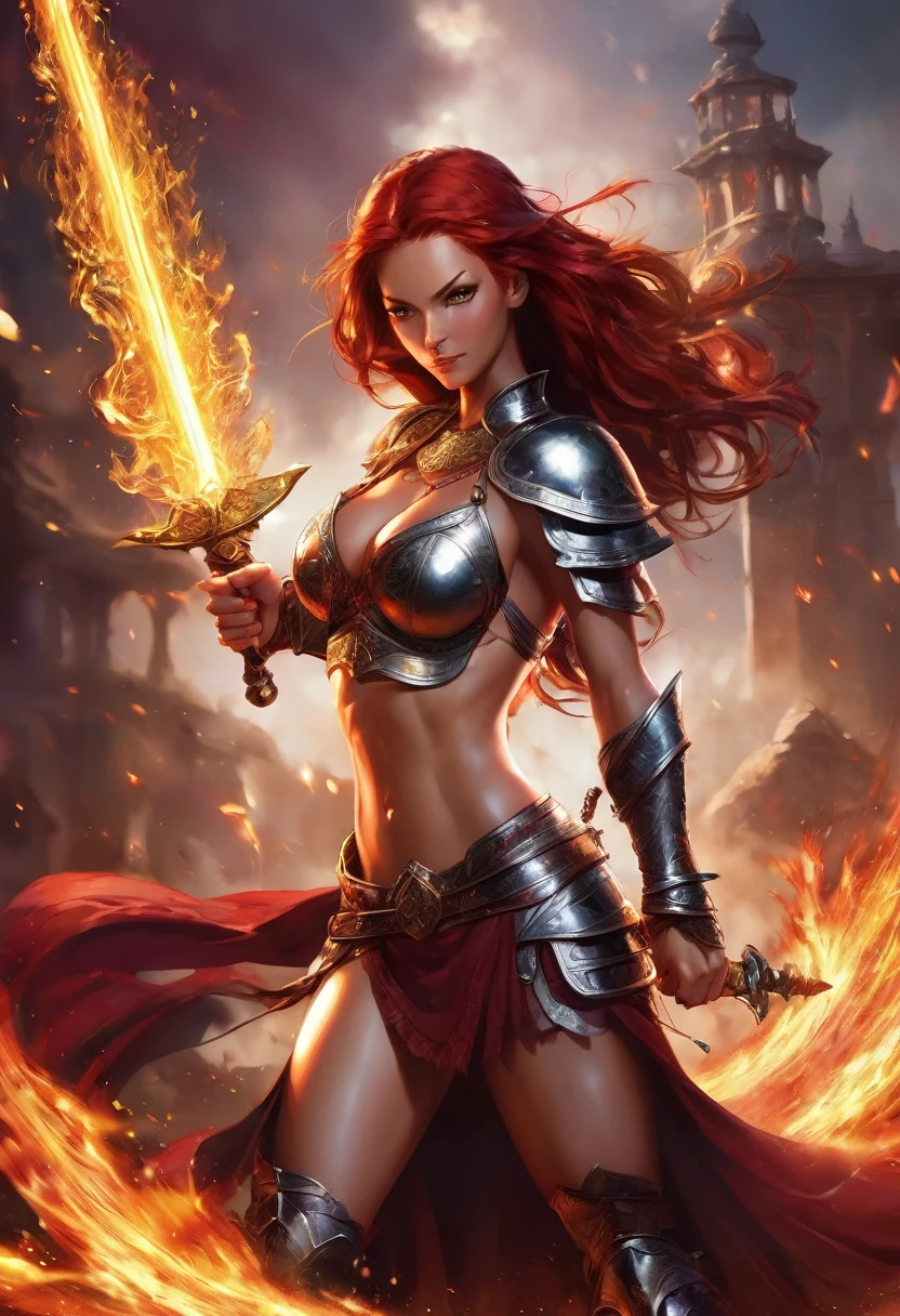 (redhead:1.1, costume:1.2, sexy warrior princess, fierce demeanor, flowing red hair, breathtaking beauty, seductive aura, strong and confident, striking pose, powerful stance, fierce eyes, passionate spirit, big, Well-defined muscles , armored bikini set, shimmering chain mail, intricate armor details, warrior sword, charismatic presence, fire-like sword strikes, swirling flames, epic battle, mythical background, atmospheric lighting, deep red tones, dramatic shadows, composition dynamic, high-resolution art, art quality, Hyper-realistic style, perfect anatomy, captivating curves, radiant skin tones, seductive smile