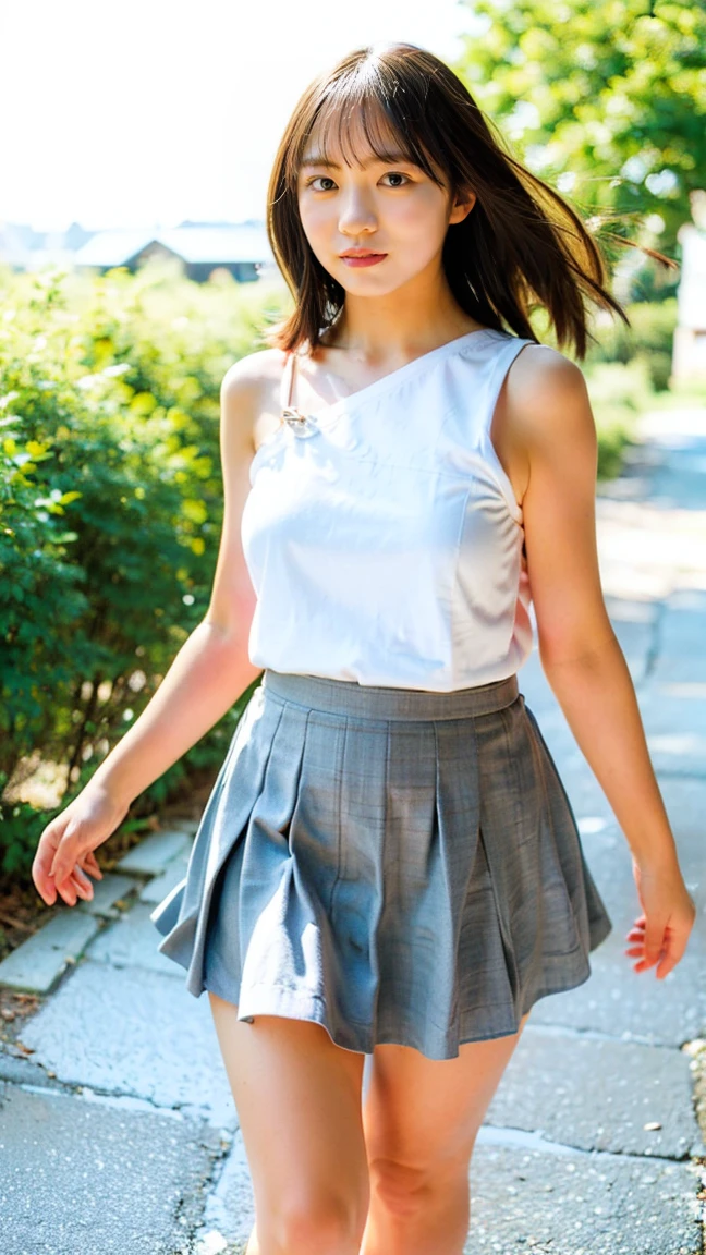 (((Big Breasts:1.52)))、((Viewing angle from below、Highest quality、masterpiece、32k、Every detail))、Descend the outdoor stairs、commute、Systemic symptoms、Very loose camisole、Pleated skirt、(((A strong wind blows my hair and skirt away:1.62)))、((Shoulder strap can be worn diagonally:1.83))((Extremely precise and accurate anatomy:1.0)), (photo Realistic:1.4), (hyper Realistic:1.4), (Highest qualityのRealisticな肌の質感:1.4), (Improvement of quality:1.4), (Enhances the beauty of skin texture:1.1), Clean and glowing skin, mesh, thin:1.2, (Realistic:1.3), Realisticなライティング, (Smoother lighting:1.05), (Improving the quality of cinema lighting:0.9), Backlight, A gentle light on your face, Ray Tracing, (Bright light:1.2), 32k, One Japanese woman, fine grain, Detailed face, (Film Grain:1.1),(Accentuates body lines:1.1), High resolution, Natural look, Kind eyes, Improves hair quality, Delicate light and shadow, 、One Girl, alone、(((mini skirt, No underwear:1.22)))、Big Breasts、barefoot, High heels