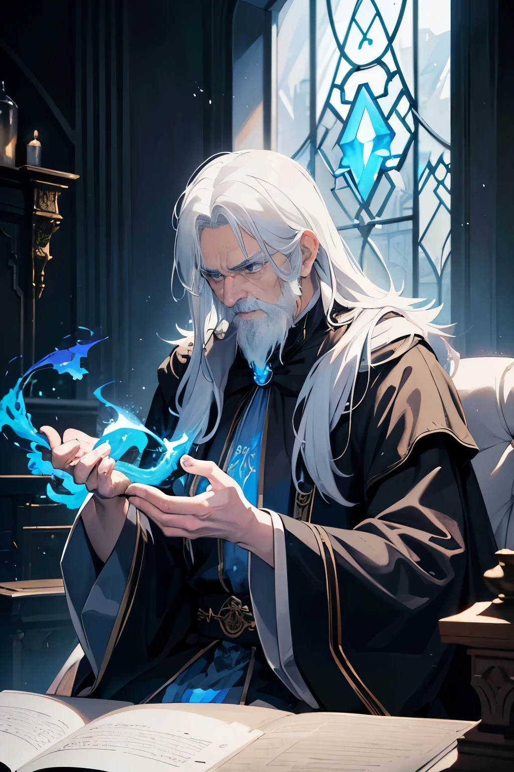 An old man with white hair wearing a black cloak, over his hand magical blue flames float, long beard and mysterious and mischievous look. Interior of a mansion, Fantasy world. ((best qualityer)), ((work of art)), (detailded)) ((anime styling))