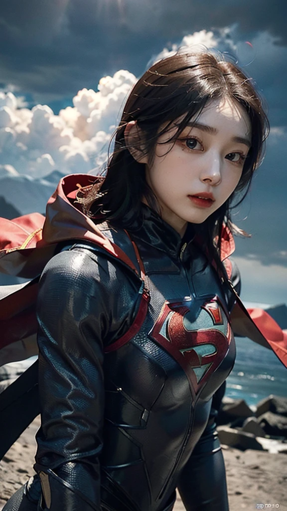 Woman wearing detailed SuperMan costume with full sleeves covering the entire body, short black hair, serious face, (flying in sky), vivid colors, dramatic lighting, red cape, cinematic costume, carbon fiber detailed suit,