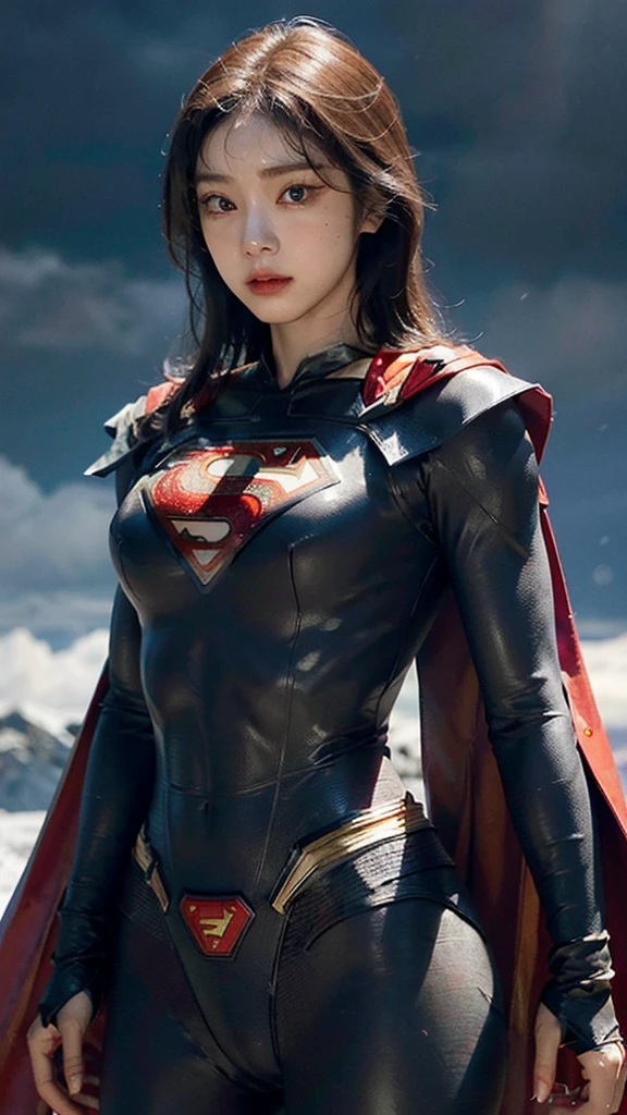 Woman wearing detailed SuperMan costume with full sleeves covering the entire body, short black hair, serious face, (flying in sky), vivid colors, dramatic lighting, red cape, cinematic costume, carbon fiber detailed suit,