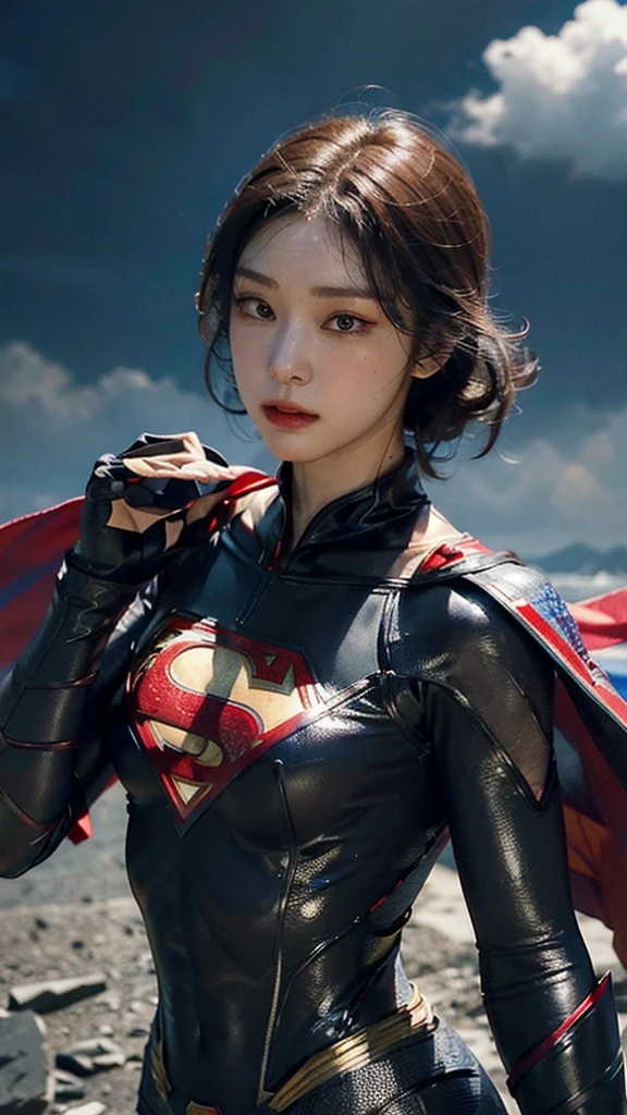 Woman wearing detailed SuperMan costume with full sleeves covering the entire body, short black hair, serious face, (flying in sky), vivid colors, dramatic lighting, red cape, cinematic costume, carbon fiber detailed suit,